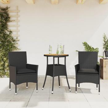 Set de comedor de jardín 3 piezas con cojines de ratán PE y estructura de acacia negra