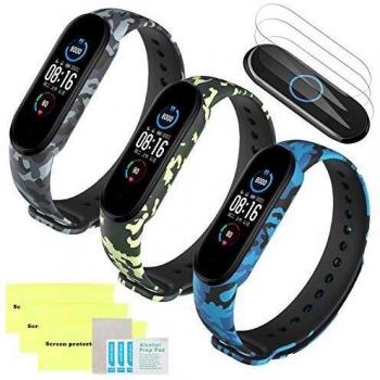 Mi Case Correa de Silicona Compatible para Xiaomi Mi Band 6 / Mi Band 5 + [3 Pack] Protector de Pantalla, Ajustable Banda Repuesto Pulsera Compatible para Xiaomi Mi Band 6 - 3 Pcs Serie de camuflaje