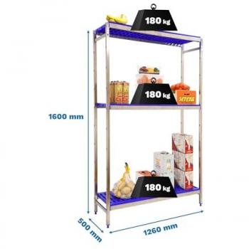 Estantería de acero inoxidable Simoninox 3PP/1600x1260x500 mm, 180 kg de Punto Flexión, 3 Estantes, Estantería Industrial, Estantería Cocina Profesional