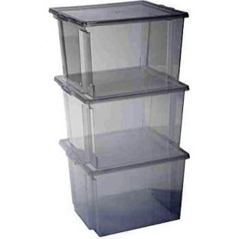 Cajas de Almacenaje Plástico Versátiles Iris Ohyama - Set de 3, 30L, Transparentes, Cierre Fácil, Apilables para Armario y Estantes