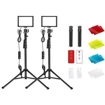 Neewer 2 Pack Luz Video LED USB con Kit de Control Remoto 433HZ - Iluminación de Mesa Continua para Fotografía Regulable 5600K con Soporte para Trípode/Filtros Color/Cargadores