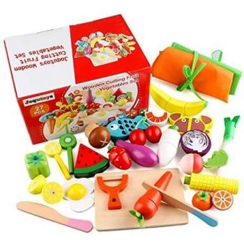 Jacootoys Juguetes de Corte de Madera Magnéticos Frutas y Verduras Juego de Alimentos con Delantal y Gorro de Cocinero para Niños Niñas