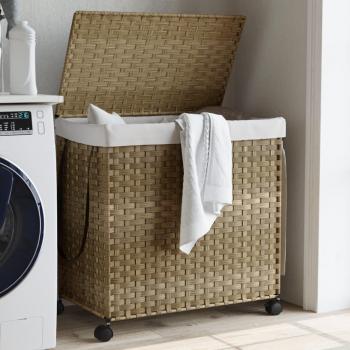 Cesta de ropa de ratán con ruedas 60x35x60,5 cm Marrón
