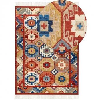 Alfombra Kilim de Lana Multicolor 200 x 300 cm Hecha a Mano con Diseño Oriental y Flecos