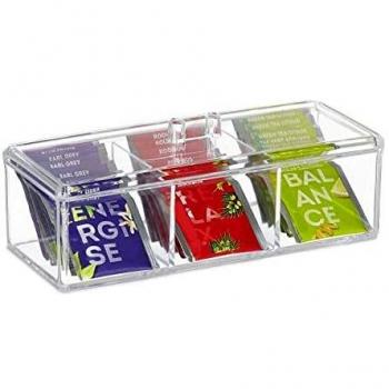Relaxdays Caja para té con 3 Compartimentos, 9 x 23 x 9,5 cm, plástico, con Tapa, Transparente
