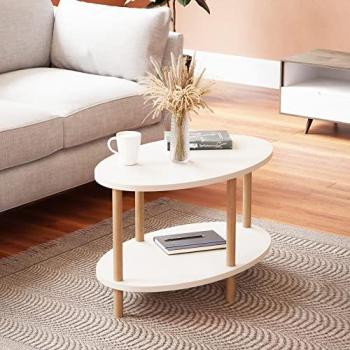 Mesa de centro Højreby ovalada de aglomerado y madera 43 x 70 x 44 cm blanca con estante inferior
