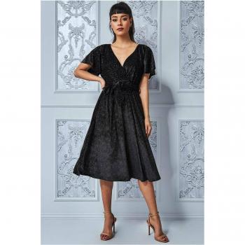 Goddiva Sparkle Wrap Style Flutter Sleeve Midi Dress - Black Sequin - Size 8 UK