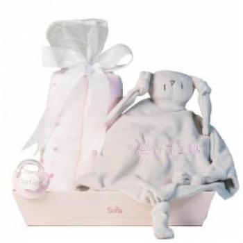 Canastilla personalizada Bebé de París - Set de muselina doudou y chupete personalizado rosa