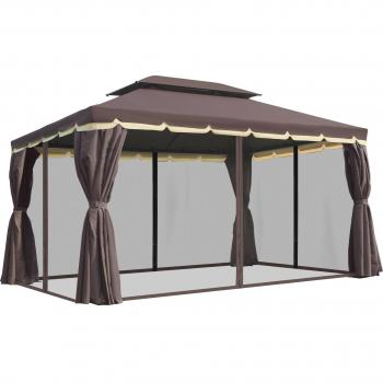Cenador Outsunny con cortinas y mosquiteras café 4x3 m