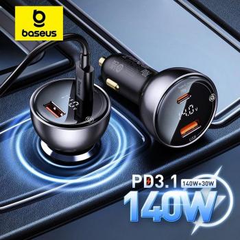 Cargador de Coche Baseus 140W PD3.1 con Carga Rápida QC3.0 para Macbook y Laptop USB Tipo C