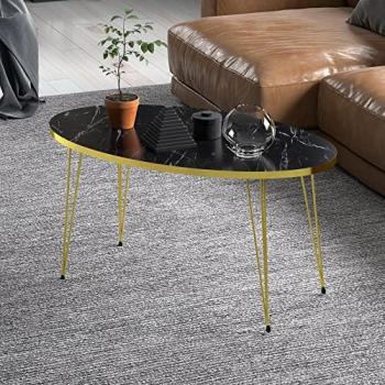 Mesa de Centro Ovalada Skævinge con Aglomerado y Metal 43 x 90 x 50 cm - Acabado en Mármol Negro y Dorado