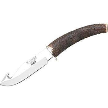 Cuchillo Desollador Joker Hurón CC74, Hoja de 11 cm MOVA, Mango de Asta de Ciervo, Cruceta Inoxidable, Funda de Cuero Marrón, Herramienta para Pesca,