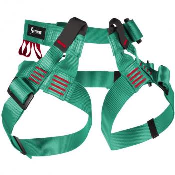 Arnés Espeleo Fixe Climbing Gear verde y negro con características de alta resistencia, diseño ergonómico, múltiples puntos de anclaje y ajuste personalizado