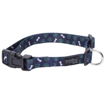 Collar ajustable estampado huesitos - Mylu talla S, collar para perros pequeños, herrajes resistentes, chapa de seguridad, anilla tipo D para correa, estampado huesitos azul y verde