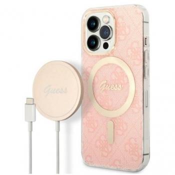 Funda y Cargador Inalámbrico MagSafe Guess 4G Rosa para iPhone 14 Pro Max