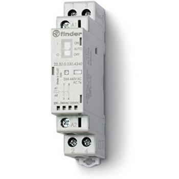 Contactor modular Finder 25A 2NO 12VAC/DC con indicador mecánico/LED y selector Auto-On-Off