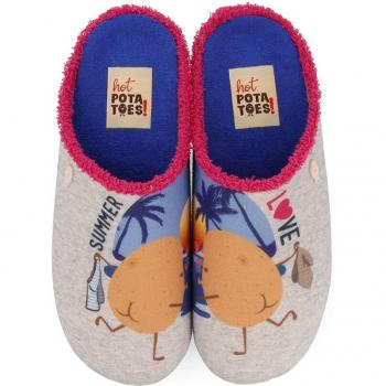 Zapatillas de casa de Mujer Hot Potatoes grises con detalle en rosa 'summer love'