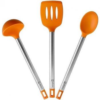 BRA Efficient Set de 3 Utensilios de Cocina, Espátula, Cuchara y Cazo, 36.5 cm, Acero Inoxidable y Silicona Naranja