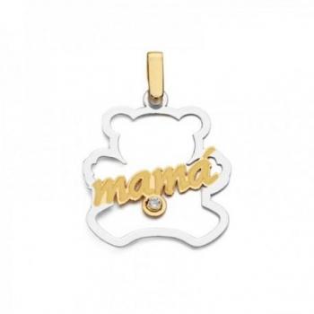 Colgante de oro bicolor con forma de oso y circonita con mensaje para mamá.
