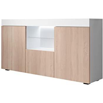 Aparador de salón moderno con LED, 135x73x34cm, color blanco y sonoma, mueble de melamina mate, modelo Sefora