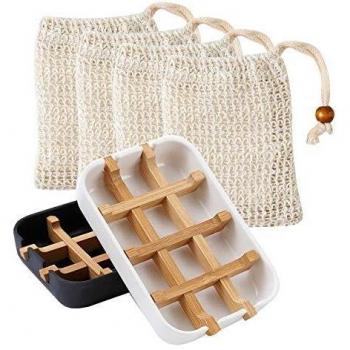 Stocomodi Jabonera de bambú con soporte para ahorro de jabón exfoliante de sisal, bolsa de jabón para baño