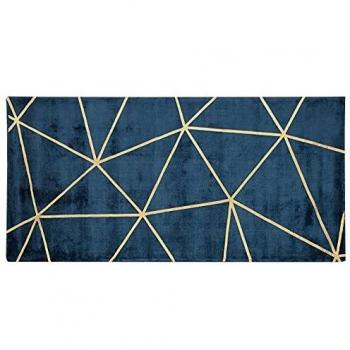 Alfombra Azul con Patrón Geométrico Dorado de Viscosa y Algodón 80 x 150 cm Tejida a Mano Estilo Moderno Glam Havza