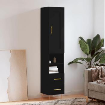 Aparador de madera contrachapada negro 34,5x34x180 cm con 2 cajones y 2 estantes, mueble de almacenaje para salón, buffet, armario auxiliar y armario de almacenamiento
