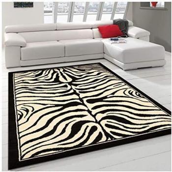 Alfombra moderna rectangular de poliéster 190x280 cm con diseño de cebra negra
