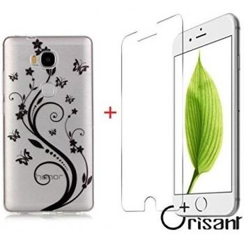 case cover para Huawei Honor 5X / Honor X5 / GR5,Crisant Mariposas y flores Diseño Protección suave Transparente TPU Gel silicona Teléfono Celular Back funda Carcasa para Huawei Honor 5X / Honor X5 / GR5 + UN Vidrio Templado Protector de Pantalla Film