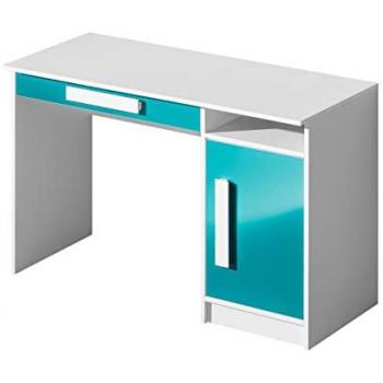 Mesa de Oficina Akron J100, Blanco y Brillo Turquesa, con Cajones y Puertas, 120 x 80 x 50 cm