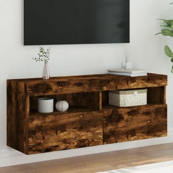 Mueble de TV de pared con luces LED 100x30x40 cm, roble ahumado, color marrón, ideal para salón