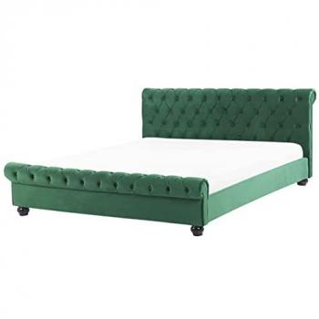 Cama Doble Tapizada en Terciopelo Verde Esmeralda con Cabecero Acolchado y Patas de Madera Negras 180 x 200 cm Avallon
