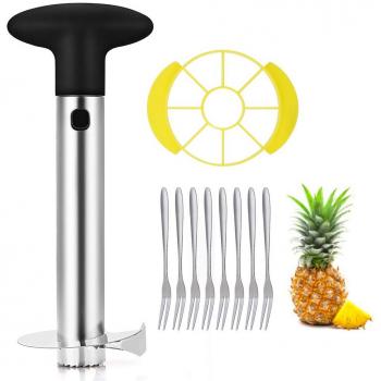 OITUGG Pelador de Piña: [3-en-1] Inoxidable Acero Cortador de Piña para Pelar y Rebanar y Quitar el Corazón de Piña - con 1 pcs Cuña de Piña & 8 pcs Frutas Tenedores - Include Garantía Un Año