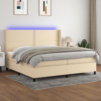 Cama box spring con colchón de muelles y luces LED, tela crema, 200x200 cm