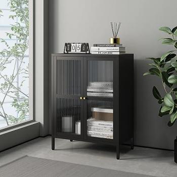 Aparador Säkylä de Acero y Cristal Acanalado 84 x 64 x 35 cm - Negro