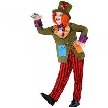 Disfraz de Sombrerero Loco para niño - Atosa, incluye chaqueta color verde con estampado de cuadros, pantalones a rayas, chaleco rojo, corbata grande y sombrero característico