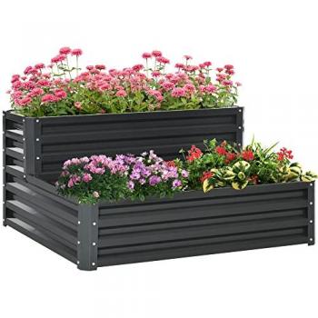 Outsunny Huerto Urbano de 2 Niveles Jardinera Exterior de Acero con Diseño de Escalera para Cultivos Plantas Medicina Herbaria Flores para Terraza Jardín 120x101x58 cm Gris Oscuro