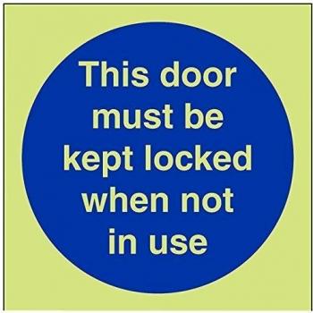 vsafety 18012 AF-Gesta puerta debe mantenerse cerrada cuando no está en uso señal obligatoria, brilla en oscuro, 1 mm, plástico, cuadrada, 100 mm x 100 mm, color azul