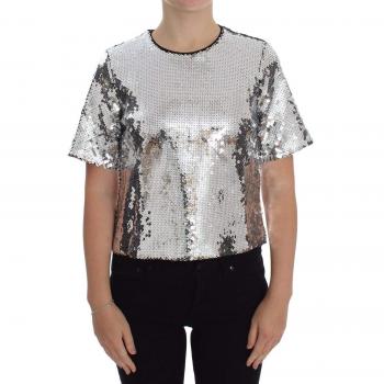 Dolce & Gabbana Women's Gray Silver Sequined Crewneck T-Shirt Blouse - Size XS