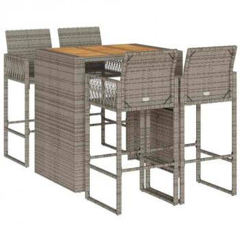 5-Piece Gray Poly Rattan Acacia Garden Bar Set without Cushions