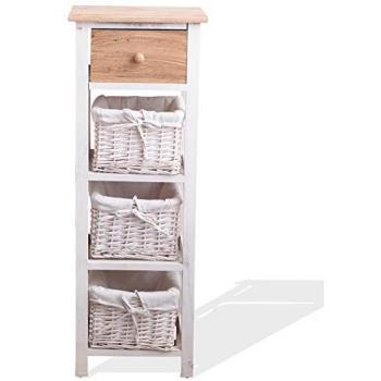 Cajonera Mobili Rebecca 1 Cajón 3 Cestas Madera Clara Mimbre Beige 85x31x27 Chifonier Estrecho con 4 Cajones de Madera y Mimbre Blanco y Marr