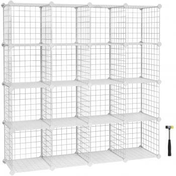 SONGMICS Armario Modular de Alambre metálico con 16 Cubos, Montaje en Bricolaje, Aramario de Almacenamiento, Estantería modulable, Estantería de Malla de Alambre, Blanco LPI44W