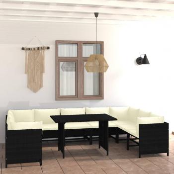 10-Piece Black Poly Rattan Patio Lounge Set with Cushions