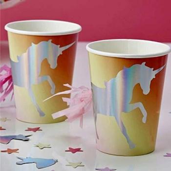 Ginger Ray Juego de 8 vasos de papel iridiscentes con diseño de unicornio, multicolor