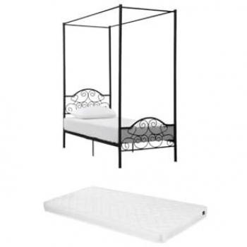 Cama con baldaquín Leyna - 90 x 190 cm - Metal - Negro + Colchón