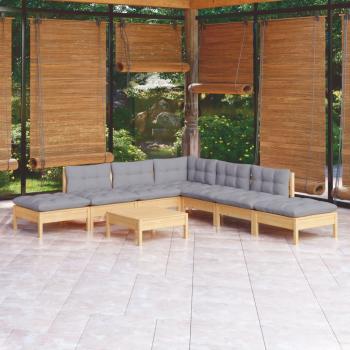 8-Piece Pinewood Garden Lounge Set with Gray Cushions