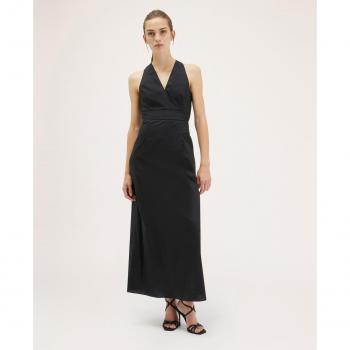 Vestido Largo de Popelina con Escote de Pico Motivos
