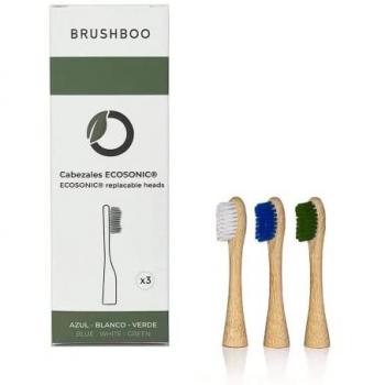 Recambio cabezales Ecosonic Brushboo 3 unidades biodegradables en colores azul, blanco y verde para cepillos de dientes eléctricos de bambú y Philips