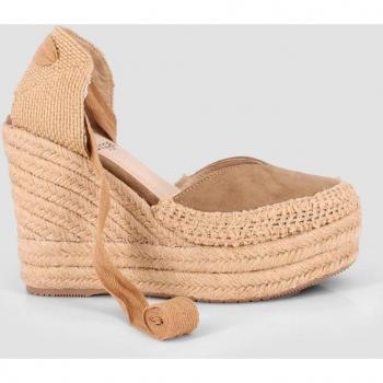 Alpargatas de cuña de mujer camel en sintético con sujeción de cordones