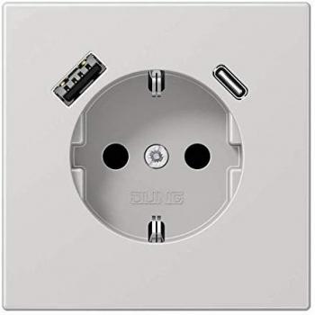 JUNG Schuko Socket Outlet with USB Type A and C, Light Grey (LS1520-15CALG)